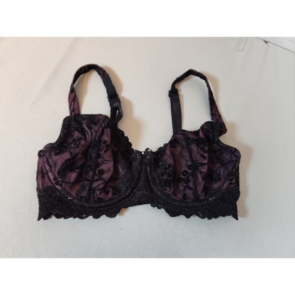 Whimsy Women's Black Purple Lace Floral Sexy Comfortable Balconette Bra Size 32D